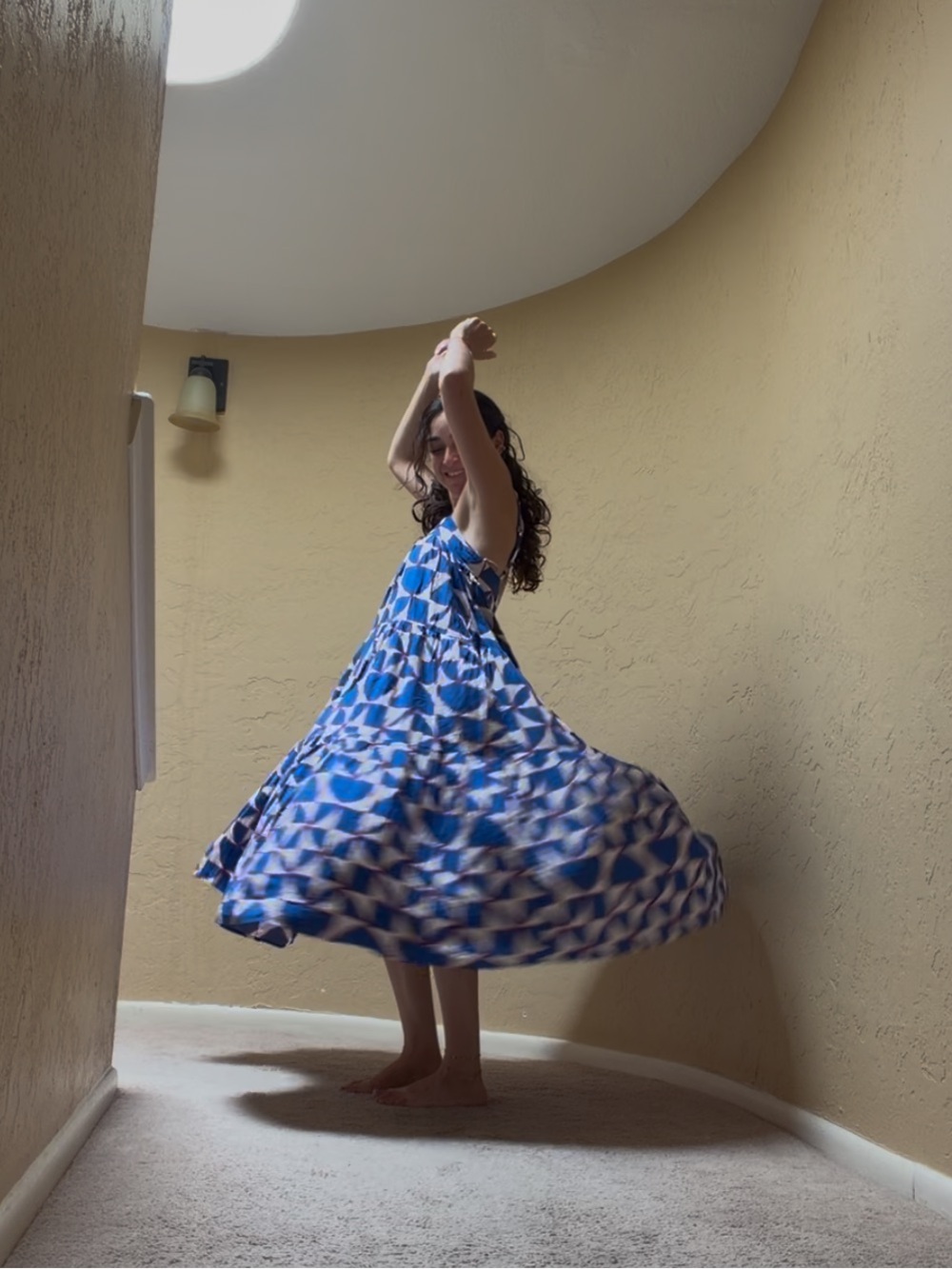 Geometric Blue and White Midi Dress